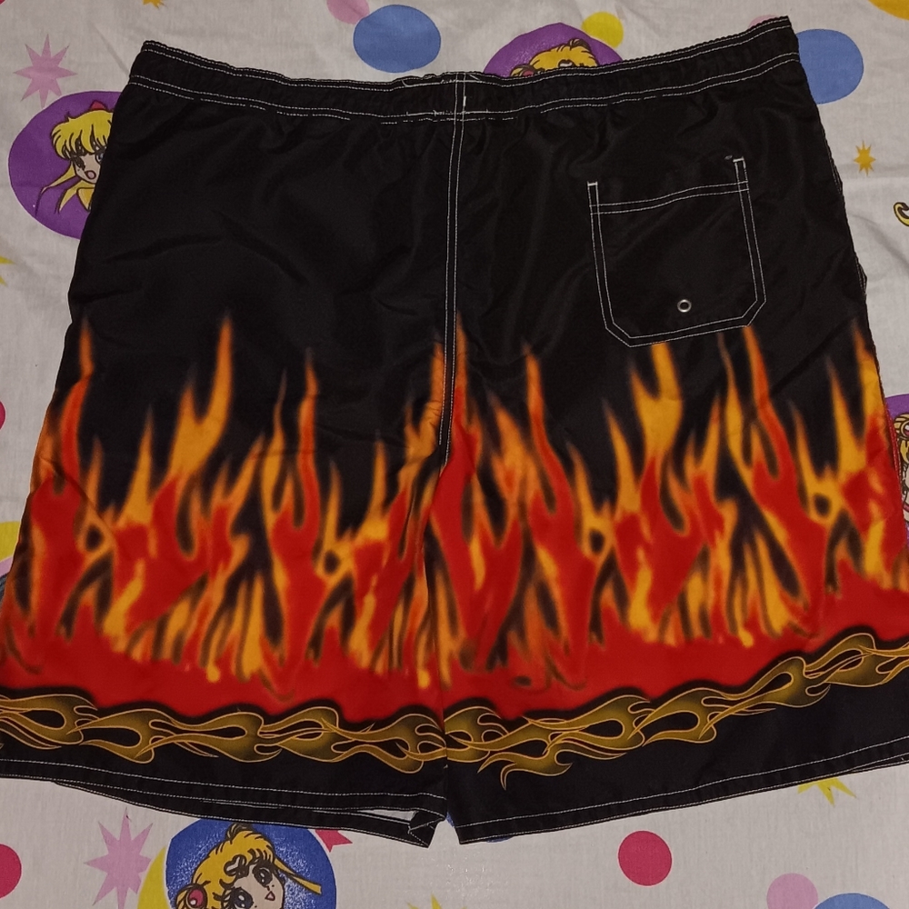 90s Highland Flame Swimming Swim Trunks Vintage Flames Fire Board Shorts Tribal - Picture 2 of 5